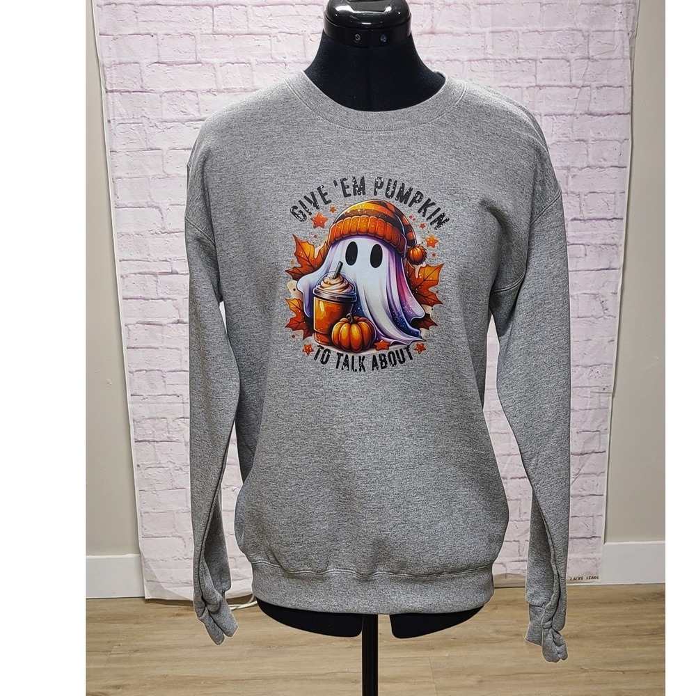 Hanes EcoSmart Gray Halloween Ghost Give Em Pumpkin To Talk About Sweatshirt S